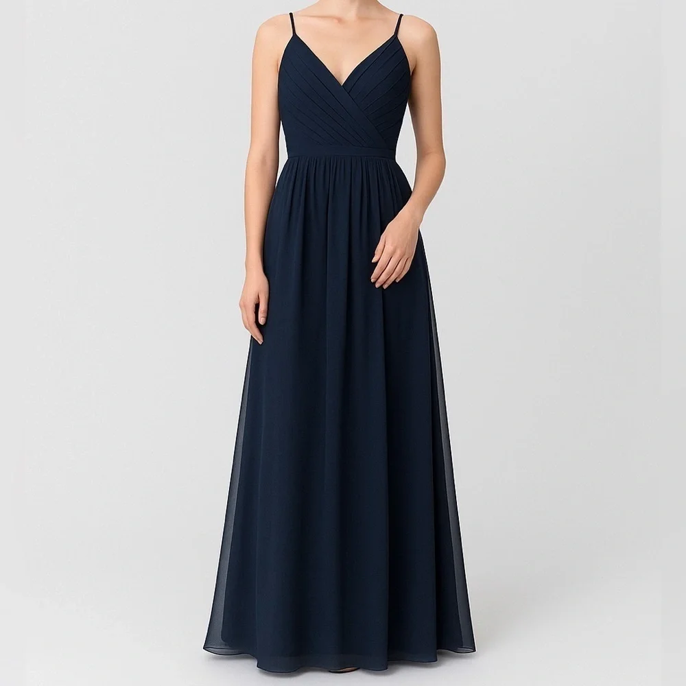 Bill Levkoff Navy Chiffon Pleated Maxi Dress 10 Formal Evening Bridesmaid Gown